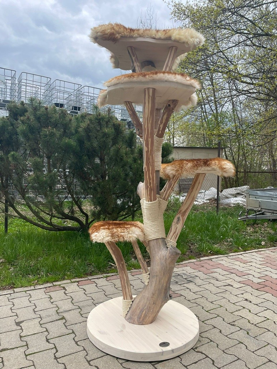 Katzenkratzbaum mit Schaffellbezug braun weiß