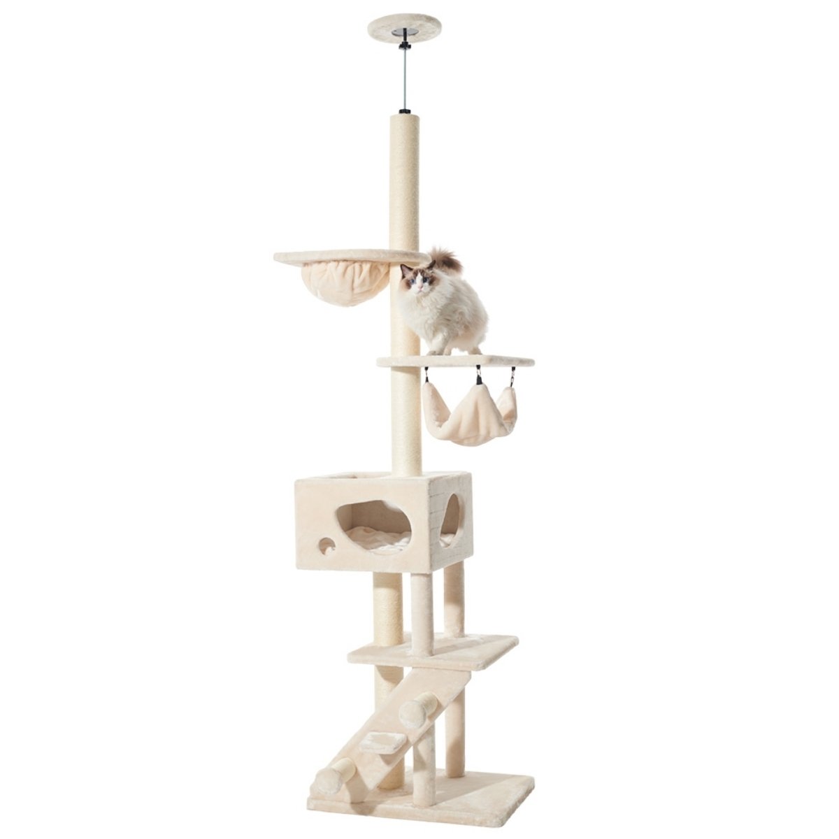 Deckenkratzbaum Sivas Cream mit Sisalstamm und Hängematte für Katzen – 70 × 48 × 247–275 cm