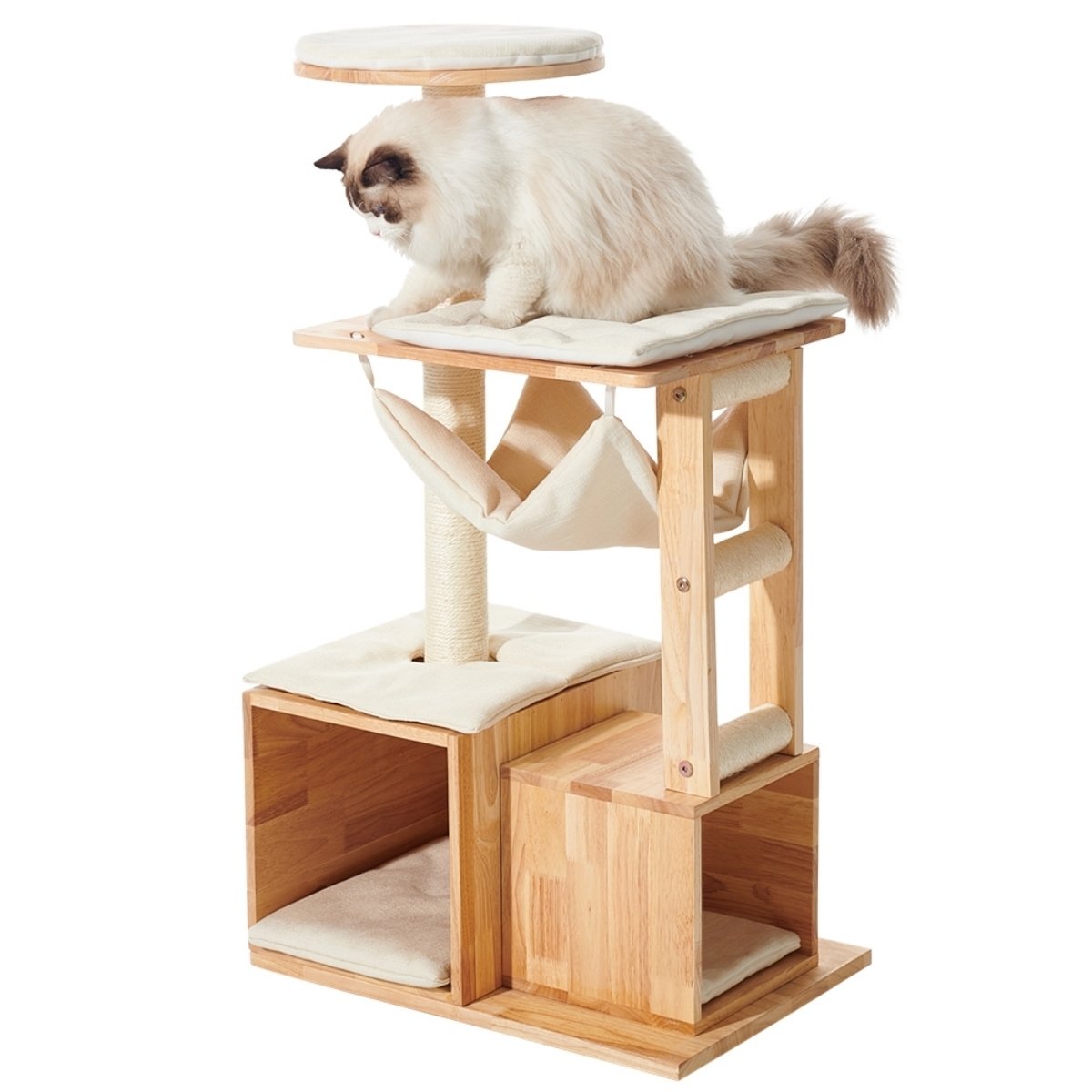 Moderner Katzen Kratzbaum Ligno Cream mit Sisalstamm und gemütlicher Hängematte